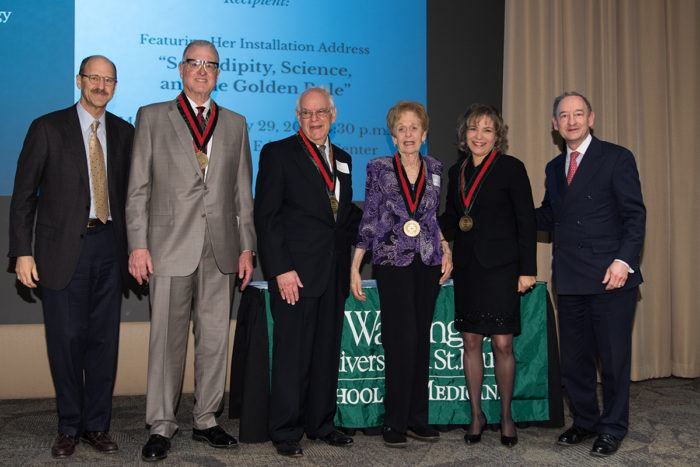 (From left) David H. Perlmutter, MD, executive vice chancellor for medical affairs and dean of the School of Medicine, Jeffrey Fort, Allan Kolker, MD, Jacquelyn Kolker, Carla Siegfried, MD, and Chancellor Mark S. Wrighton after Siegfried's lecture, entitlted "Serendipity, Science, and the Golden Rule.”