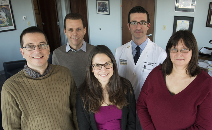 McDonnell Genome Institute researchers. Back row left to right Ira Hall, Nathan Stitziel Md PhD. Front row left to right Dan Koboldt, Karyn Meltz-Steinberg PhD and Lucinda Fulton.