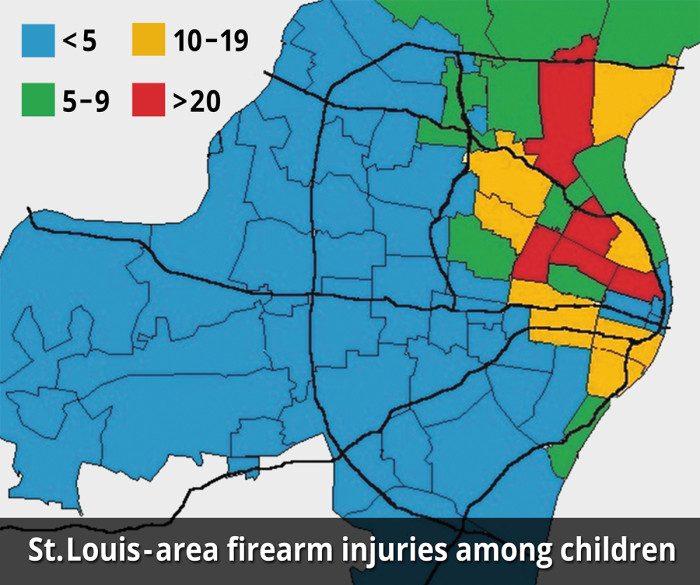 This ZIP code map highlights firearm-related injuries from 2008 to 2013 among children treated at St. Louis Children’s Hospital and Cardinal Glennon Medical Center. While research findings indicate no ZIP code is immune to such incidents, the highest frequency of shooting-related injuries occurred in the city of St. Louis and in north St. Louis County. This map shows the Missouri side of the greater St. Louis metropolitan area.