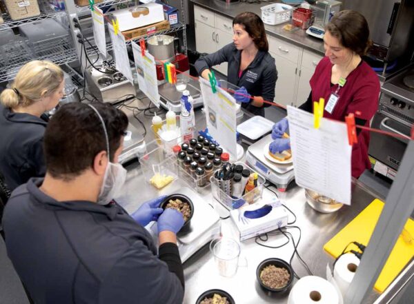 Staff members in a special metabolic kitchen gather around a stainless steel table to prepare meals for patients enrolled in a diet and metabolism study