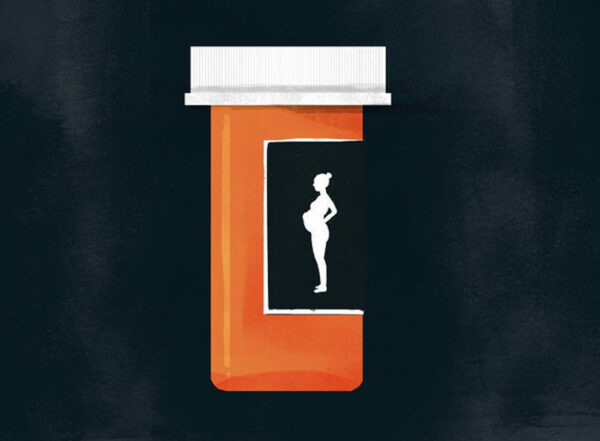 Illustration of a prescription bottle with the silhouette of a pregnant woman on the label. The bottle is foregrounded on a dark, nebulous background.