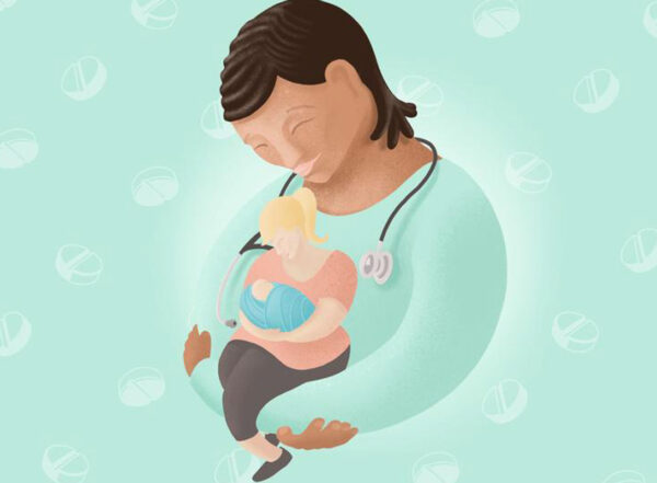 Illustration shows a woman with a stethoscope cradling a woman who is cradling a baby.