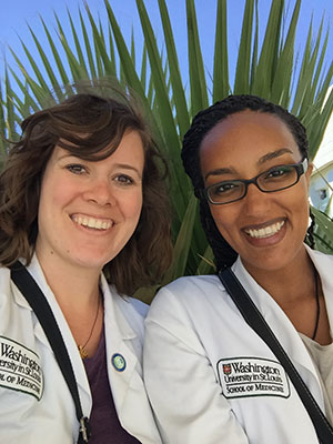Rahel Ghenbot (right) and fellow Washington University medical student Chelsea Kebodeaux take a moment for a photo together at Ayder Referral Hospital in Mekelle, Ethiopia. Ghenbot soon will begin her residency training at Ohio State University Wexner Medical Center; Kebodeaux will begin hers at Christiana Care in Newark, Delaware.