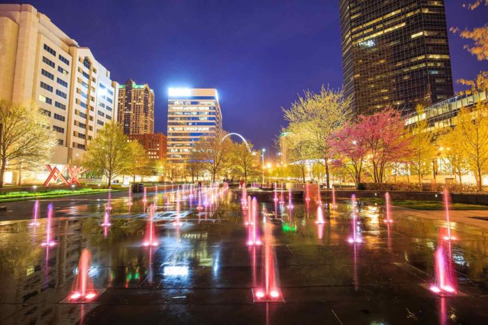 Downtown St. Louis at night: Colorful lights in Citygarden