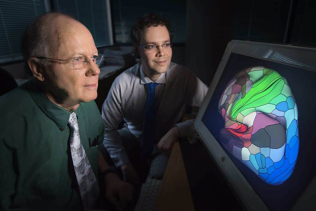 David Van Essen, PhD (left), and Matthew Glasser, PhD, are part of a team that mapped the human cerebral cortex in painstaking detail. The map will help researchers study brain disorders such as autism, schizophrenia, dementia and epilepsy.